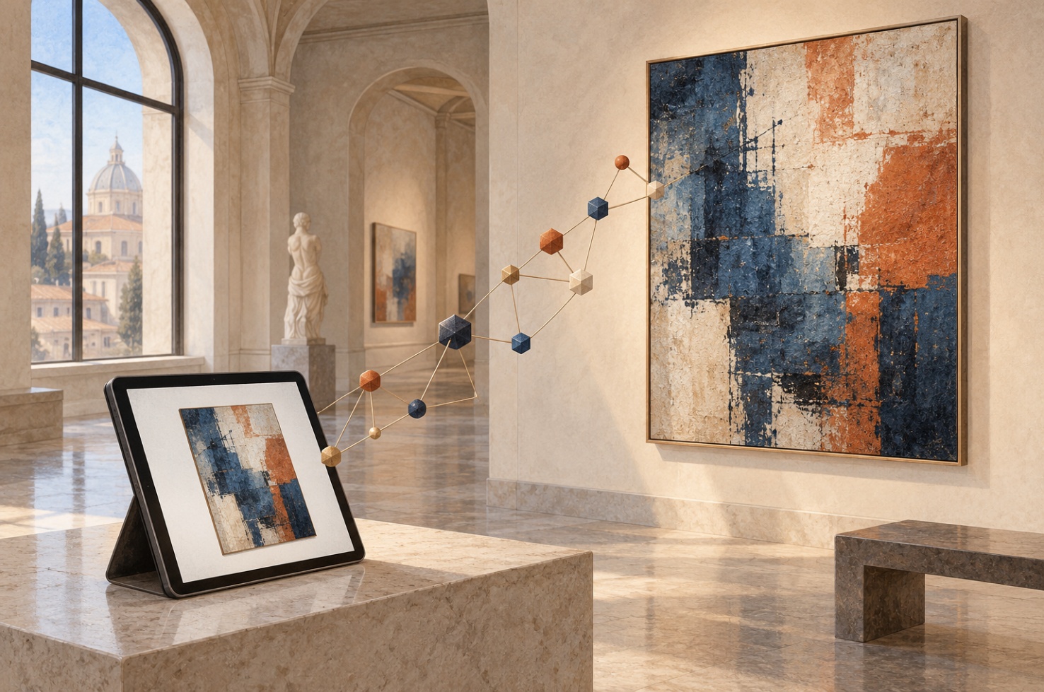 Galleria con un’opera astratta collegata da una rete a un tablet che ne mostra la versione digitale
