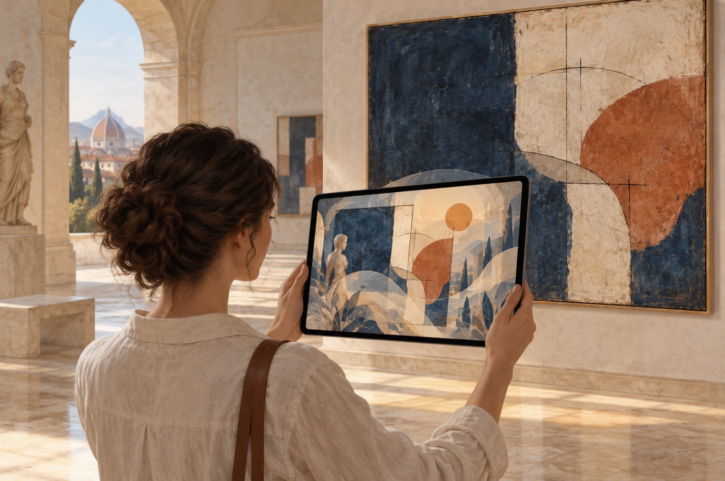 Visitatrice in una galleria che inquadra un’opera con un tablet in realtà aumentata